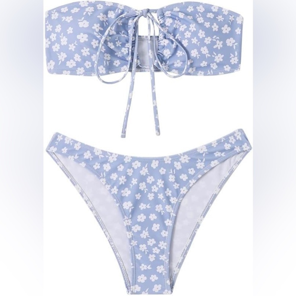Bikini Ditsy Floral Pastel Blue/White Tube Top Bikini Small